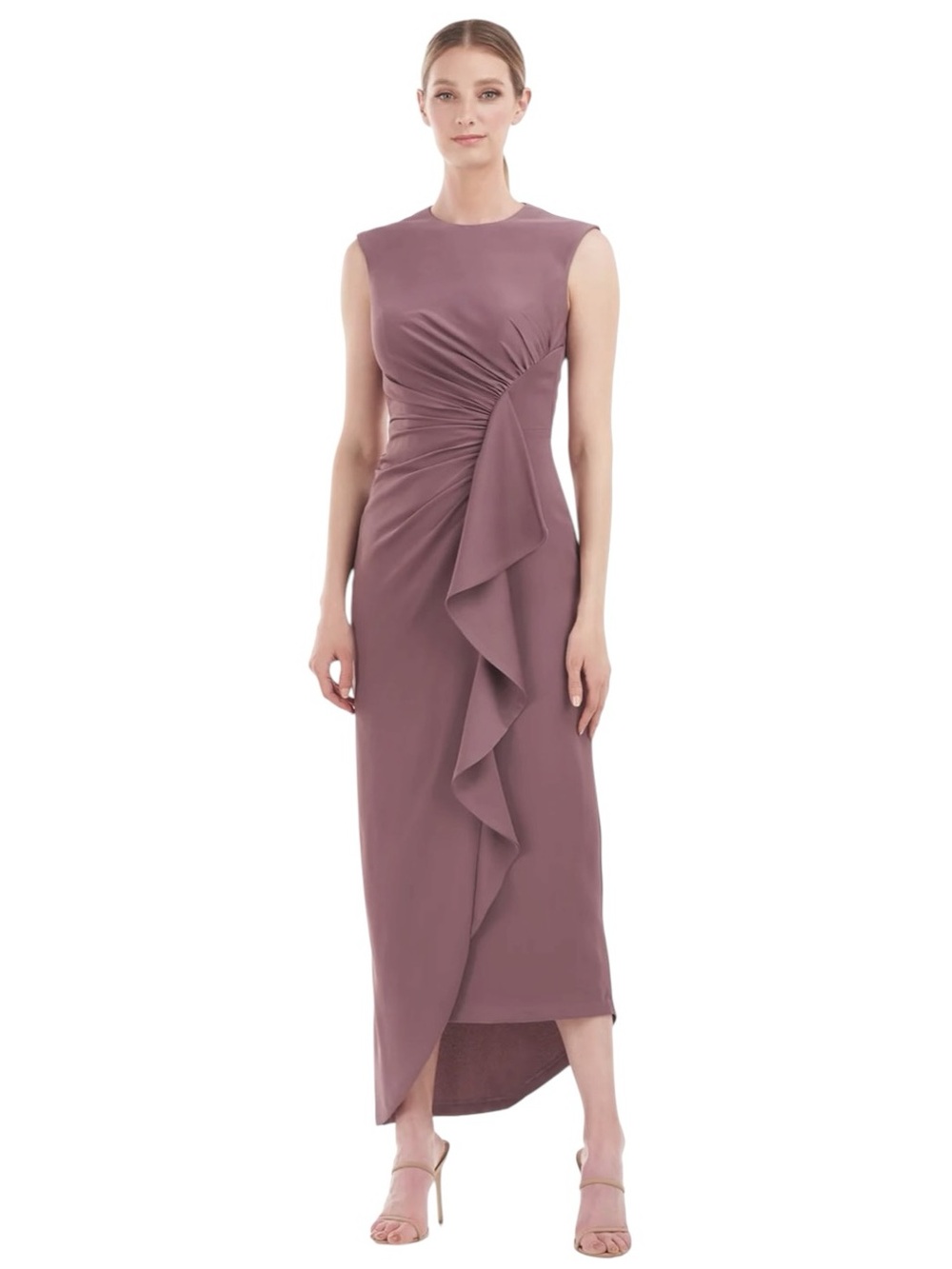 Formal Wedding Kay Unger Carla Tea Length Long Ruffle Dress in Mink Sz 12
